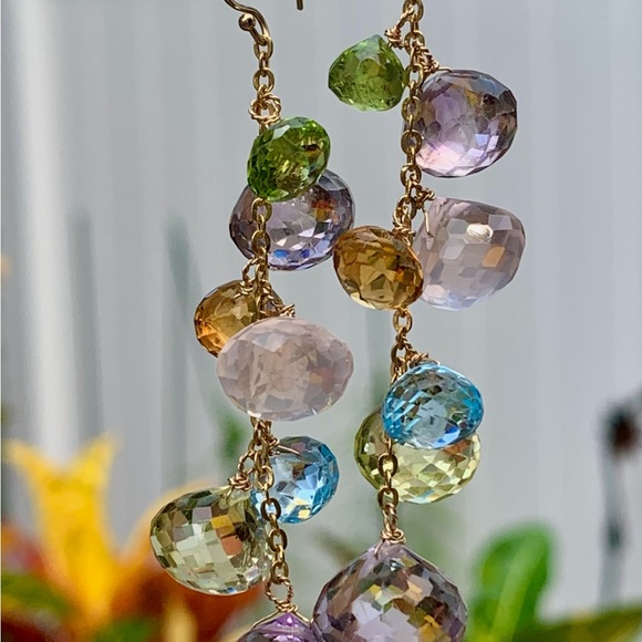 14K Gold Multi Gemstone Amethyst Kisses Briolette Chandelier Earrings - Picture 8 of 8
